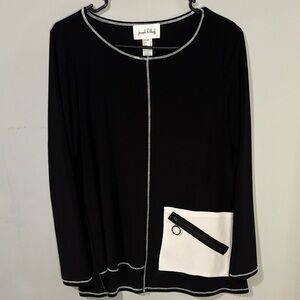 Joseph Ribkoff Designer Black Top Tunic with White Pocket Silver Accents